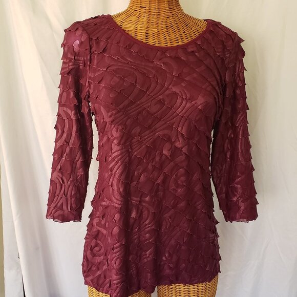 Elementz Tops - Elementz Women's Plum Ruffle Top Blouse 3/4 Sleeve Scoop Neck - S